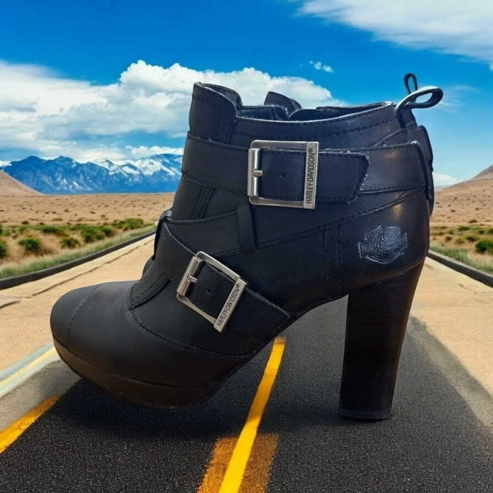 Harley Davidson Ankle Boot Moto Chunky platform Heel Buckle Strap Sexy Msrp $165 - Picture 2 of 6